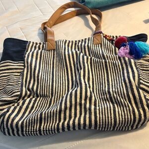 Striped navy and cream Tote Bag with Tan Handles